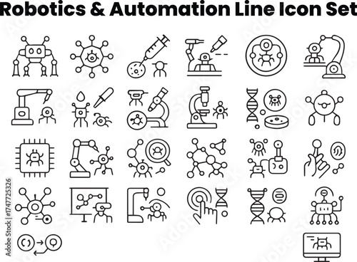 Editable black and white line vector icons featuring satellites, space probes, and robotic explorers
