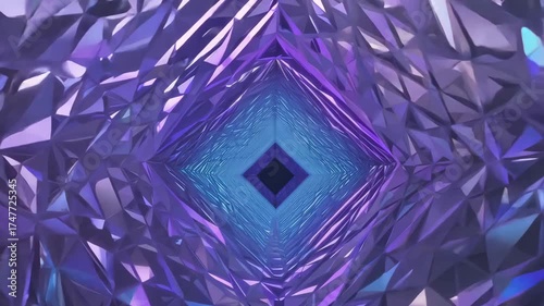 A dynamic tunnel layered translucent geometric shapes triangles, hexagons, squares blue purple tones, breathing. tunnel infinite depth immersion, ideal for digital art, motion graphics, tech-themed 4k