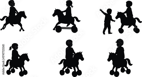 Children silhouette riding toy horse, childhood playtime, fun activity, imagination, movement, freedom, joy, kids playing, creative toys, outdoor motion.