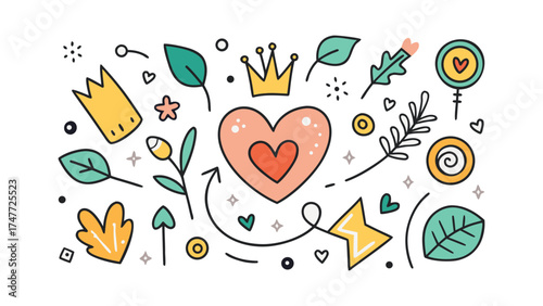 Cute Hand Drawn Hearts Crowns Leaves and Flowers on White Background Keywords: cute, hand drawn, heart, crown, leaf, flower, doodle, illustration