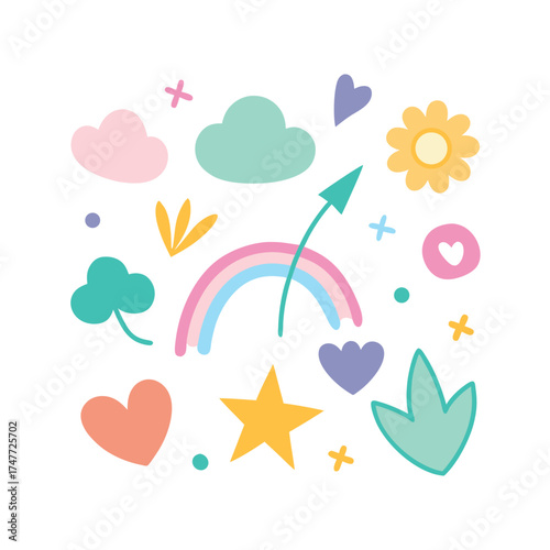 Cute Pastel Doodle Elements Rainbow Clouds Hearts Stars Keywords: doodle, hand drawn, illustration, pastel, rainbow, cloud, heart, star, flower