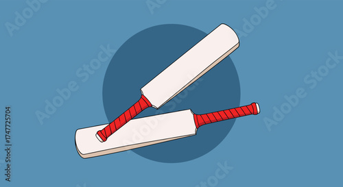 Two wooden cricket bats with red handles resting on a blue background.