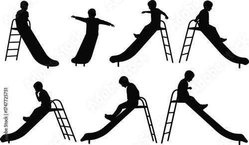 Children sliding on playground silhouette, kids outdoor fun activity, happy childhood moment, vector illustration design, black white creative concept