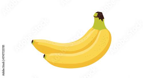 Ripe yellow bananas hang from a stem against a white background.