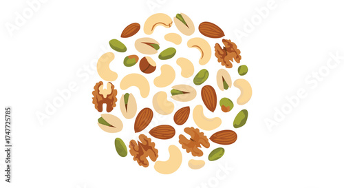 A collection of various healthy nuts and seeds arranged in a circular pattern on a white background.