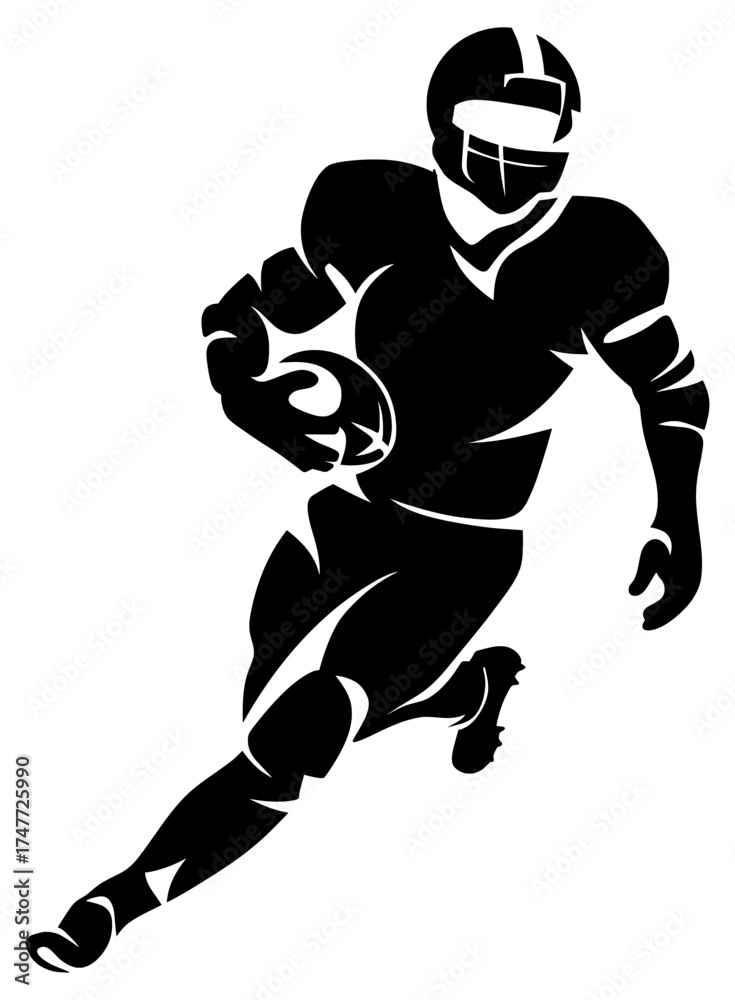 Fototapeta premium Football player running with ball silhouette. American football athlete in helmet and gear charging forward. Perfect for sport, team, competition, NFL, athletic, game day, touchdown design concepts.