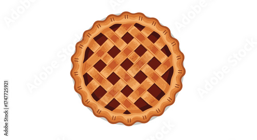 Delicious lattice topped apple pie served on a white background.