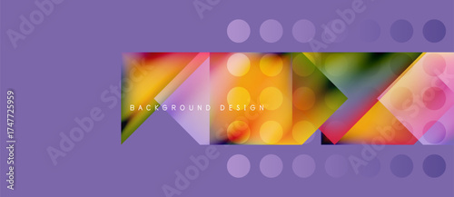 Abstract geometric shapes, vibrant colors, purple backdrop. Modern design elements create dynamic visual composition.