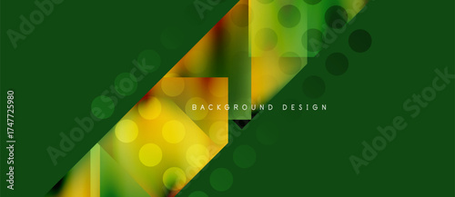 Abstract geometric pattern. Green, yellow gradients create dynamic visual effect. Dots add texture, modern design element.