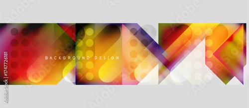 Abstract geometric shapes, vibrant colors, modern design. Background features overlapping squares, circles, lines. Text reads background design.