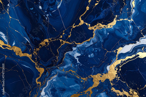 A luxurious, dramatic abstract marble texture with deep swirling navy, sapphire, and white colors, lavishly accented by cracked metallic gold veins.
