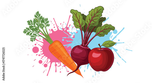Fresh beetroot carrot and apple ingredients for healthy juice and food preparation.