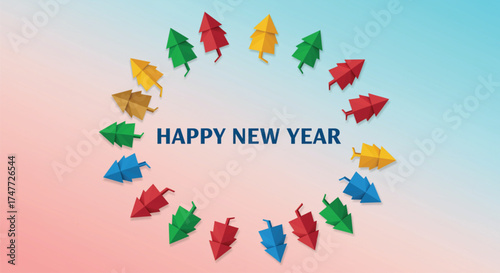 A vibrant illustration showcasing a 'Happy New Year' greeting surrounded by colorful origami trees, perfect for festive designs and holiday-themed projects. Exactly 150 chars. Vector illustration