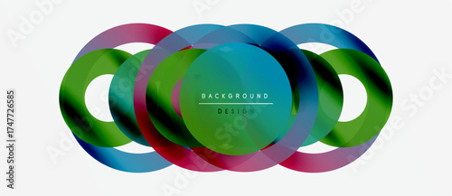 Abstract colorful circles overlap creating dynamic visual effect. Modern design elements suggest innovation, energy.