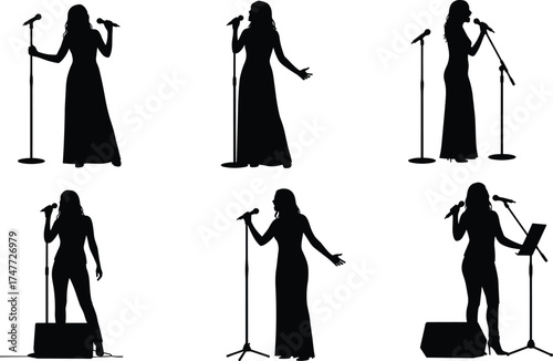 Female singer silhouette performing on stage with microphone, concert performance illustration, music artist vector, live show black white design