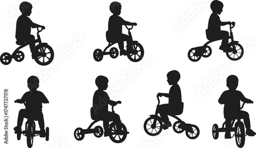 Silhouette of kids riding tricycles, children playing outdoors, childhood fun, outdoor cycling activity, preschool exercise, vector illustration design