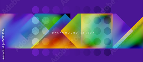 Abstract geometric shapes, vibrant colors, purple backdrop. Modern design elements create dynamic visual texture.
