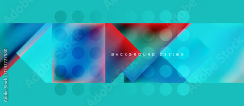 Abstract geometric pattern. Vibrant colors, shapes overlap creating modern design. Turquoise background enhances visual appeal.
