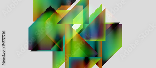 Abstract geometric shapes overlap, creating vibrant color blends. Greens, blues, oranges dominate composition. Minimalist design, modern aesthetic.