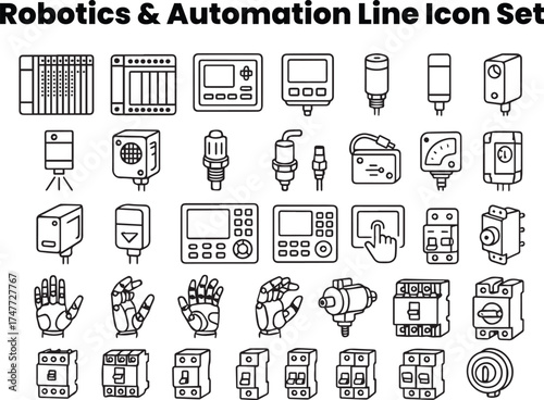 Editable black and white line vector icons showing robotic arms, factory automation, welding, and assembly line systems