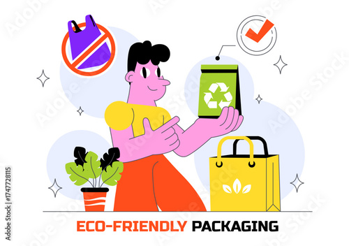 Eco Friendly Packaging Design Vector Illustration Featuring Sustainable Takeaway Paper Package with Botanical and Recyclable Biodegradable Materials