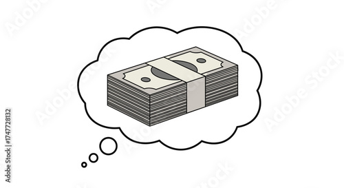 A stack of cash represents financial dreams and aspirations in a thought bubble.