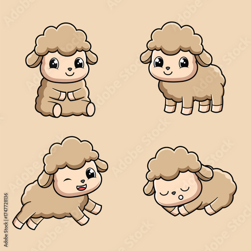 Set of 4 Cute Baby Sheep or Lamb Cartoon Poses Vector Illustration Sitting, Standing, Running and Sleeping