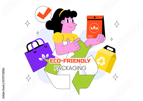Eco Friendly Packaging Design Vector Illustration Featuring Sustainable Takeaway Paper Package with Botanical and Recyclable Biodegradable Materials