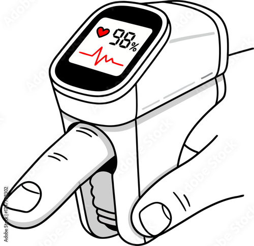 Pulse oximeter on a finger illustration. Medical device for measuring blood oxygen saturation (SpO2) and heart rate