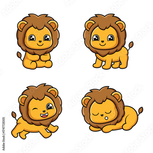 Set of Cute Little Lion Mascot Collection Sitting, Standing, Running, and Sleeping