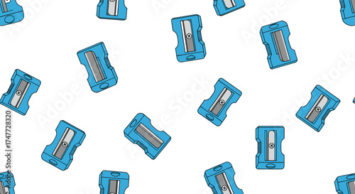 A seamless pattern of blue pencil sharpeners scattered randomly on a white background for a creative design.
