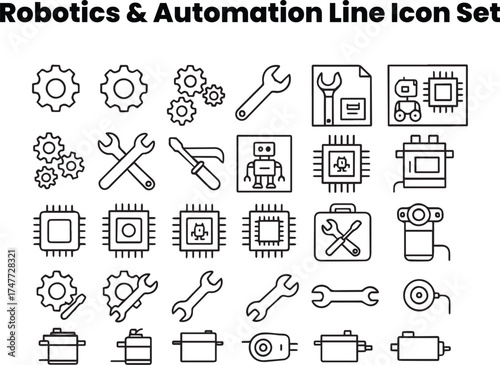 Editable black and white line vector icons including gears, pistons, sensors, and automated mechanical systems.
