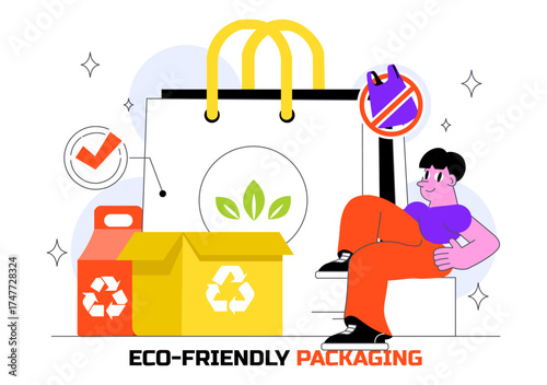 Eco Friendly Packaging Design Vector Illustration Featuring Sustainable Takeaway Paper Package with Botanical and Recyclable Biodegradable Materials