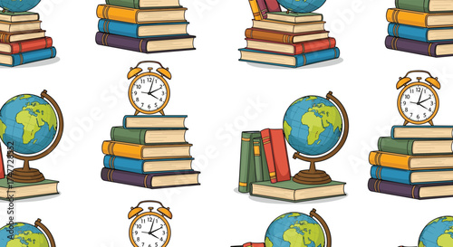 Stacks of books and globes with clocks in an educational pattern.