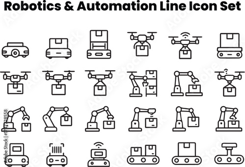 Editable black and white line vector icons with drone sprayers, robotic harvesters, smart sensors, and automated irrigation systems