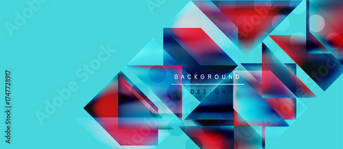 Abstract geometric shapes overlap, creating vibrant color gradients. Turquoise background complements red, blue hues. Modern design element.