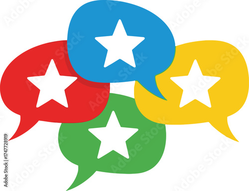 Colorful speech bubbles with stars, isolated on white background, representing positive feedback and communication