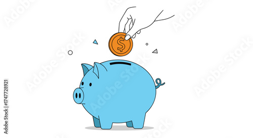 A hand dropping a coin into a blue piggy bank for saving money.