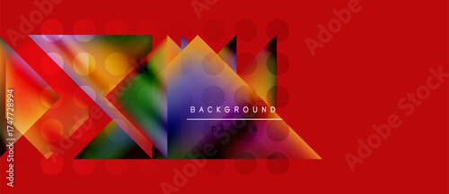 Abstract geometric shapes, vibrant colors, red background. Modern design elements create dynamic visual impact. Text reads background design.