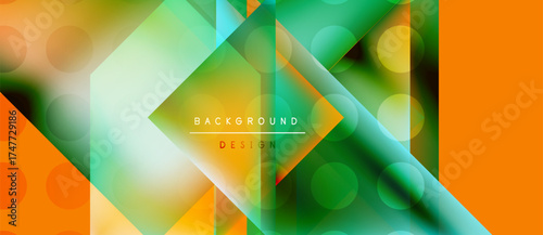 Abstract geometric pattern. Vibrant colors blend, creating modern design. Overlapping shapes suggest depth, texture. Orange, green dominate composition.