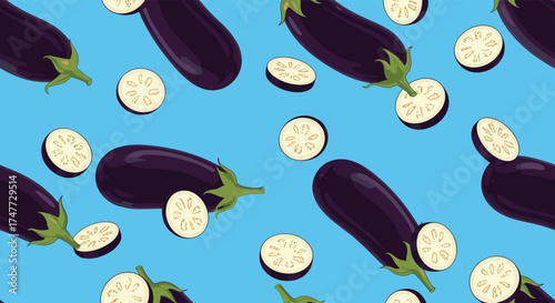 A delightful pixel art pattern featuring whole and sliced purple eggplants on a bright blue background.