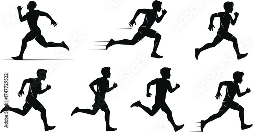 Running man silhouette collection, athlete sprinting action poses, fitness training vector illustration, sports motion concept, healthy lifestyle exercise art