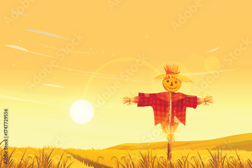 vector illustration of a straw doll with sunset in the garden