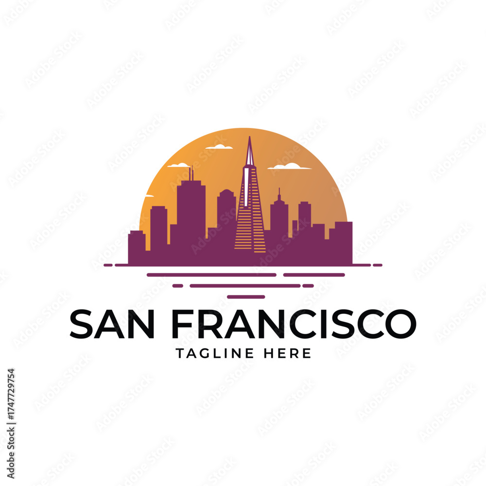 Fototapeta premium Modern San Francisco skyline logo concept with sunset backdrop and trendy color palette for branding solutions