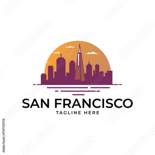 Modern San Francisco skyline logo concept with sunset backdrop and trendy color palette for branding solutions