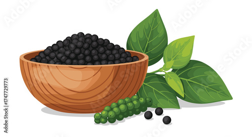 Fresh black peppercorns and dried peppercorns in a wooden bowl with green leaves.