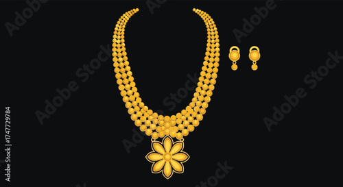 Exquisite traditional gold necklace and earring set with floral pendant.