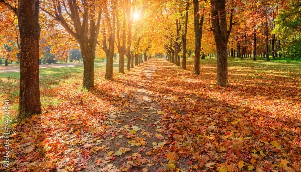 Obraz premium Explore the vibrant colors of autumn in a serene park filled with golden and red leaves under a bright sun