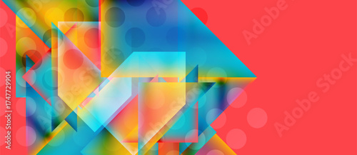 Abstract geometric composition. Vibrant colors blend, creating dynamic shapes. Modern design with overlapping elements, gradients, textures.