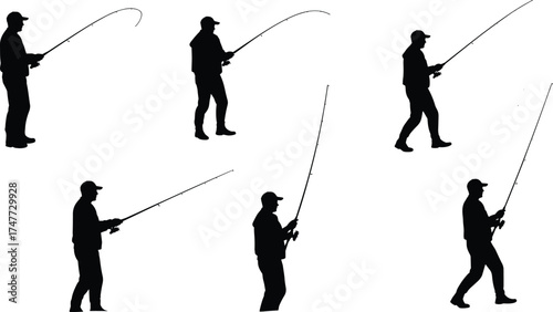 Silhouette of man fishing with rod, angler catching fish, outdoor recreation, lake or river fishing activity, hobby and lifestyle illustration